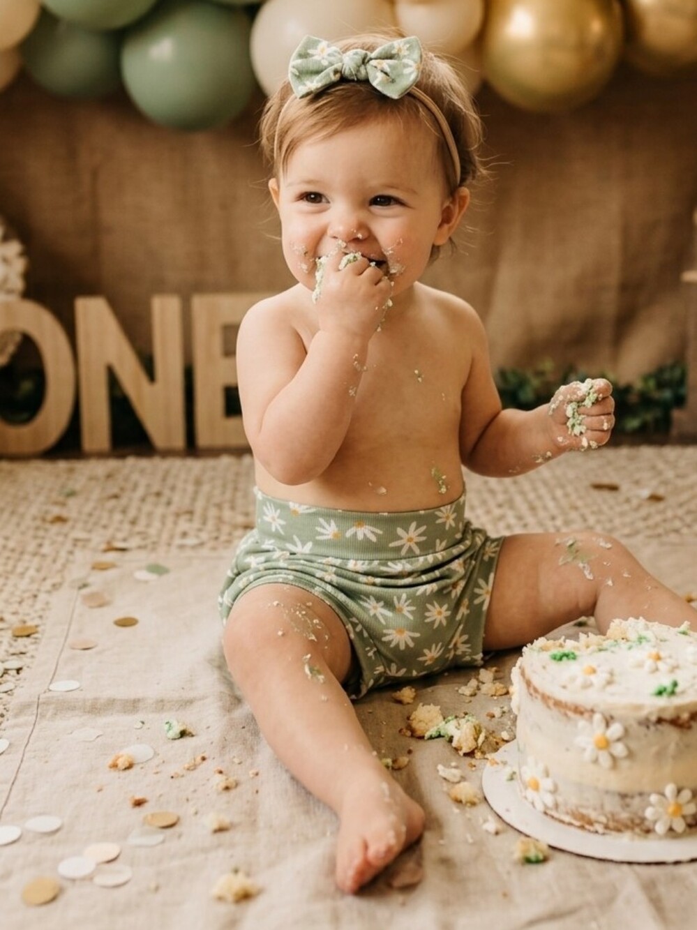 Baby Girl Daisy Floral Sage Green High-Waist Bummie & Headbands 3Pc Set  9-12M